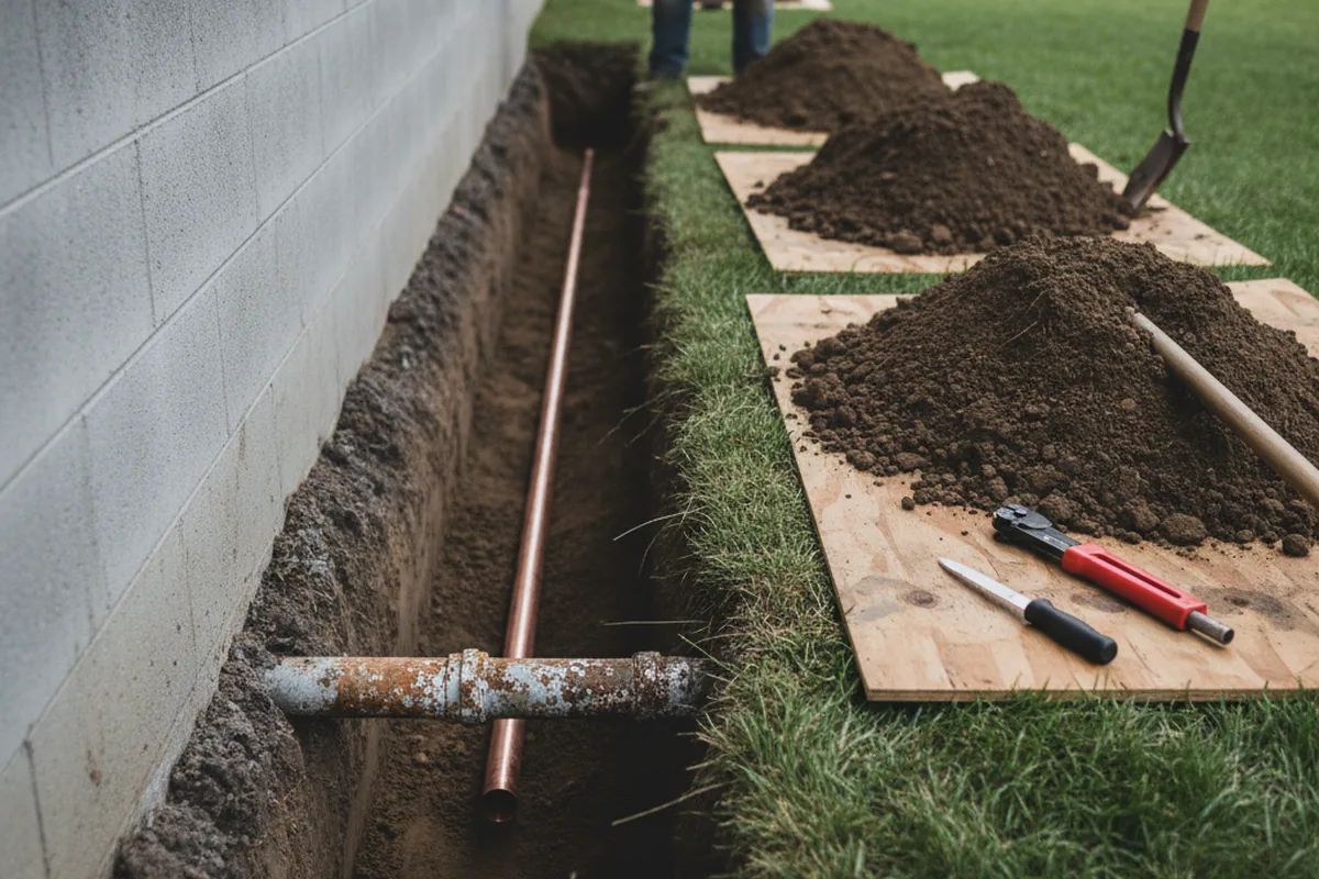 Excavated water line trench during Sewer Line Repair in Medusa